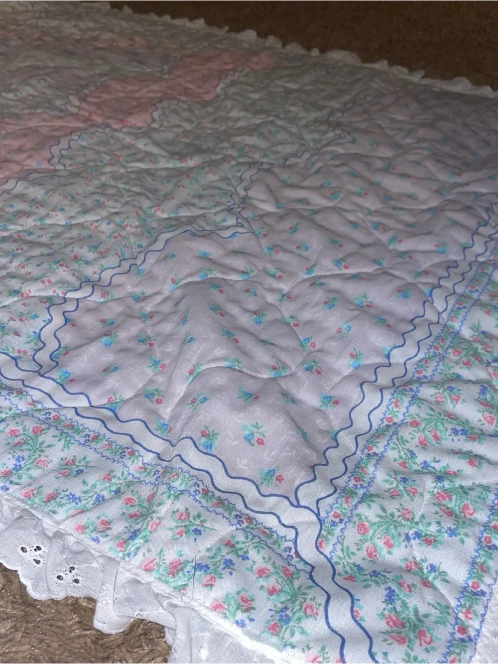 Floral Patchwork Cotton Quilt in Pastel Pink and Blue